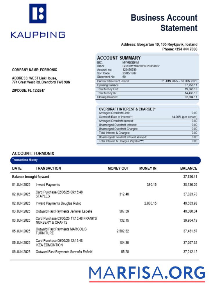 Realistic Kaupthing business firm account bank statement Word and PDF format example